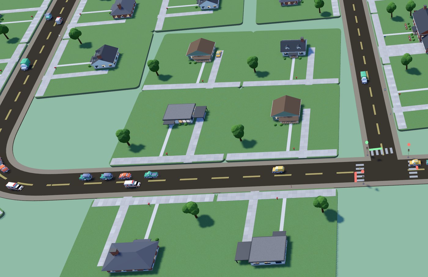 A suburb of houses with driveways and trees on a curved road